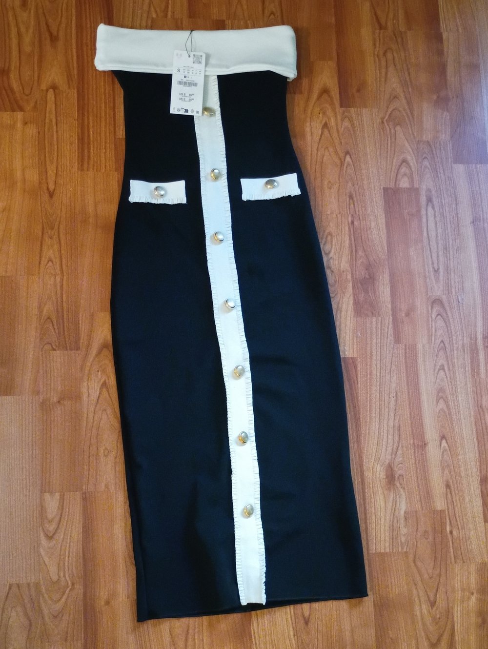 Zara Black Strapless Midi Dress with White Trim and Gold Buttons